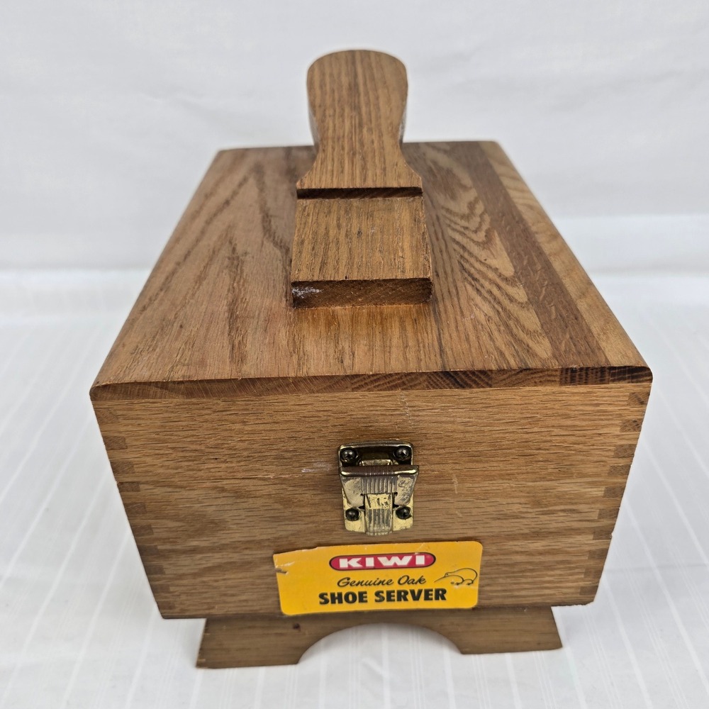 Vintage Kiwi Genuine Oak Shoe Server Valet Box Wooden Shine Kit Storage Chest